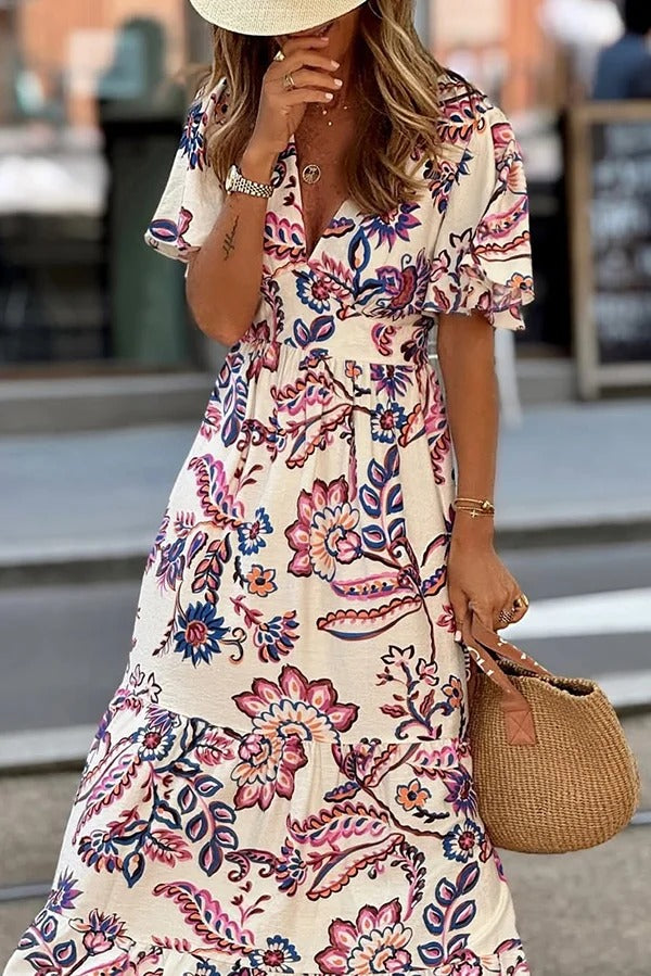 LB | Unique Print V-Neck Waist Holiday Maxi Dress