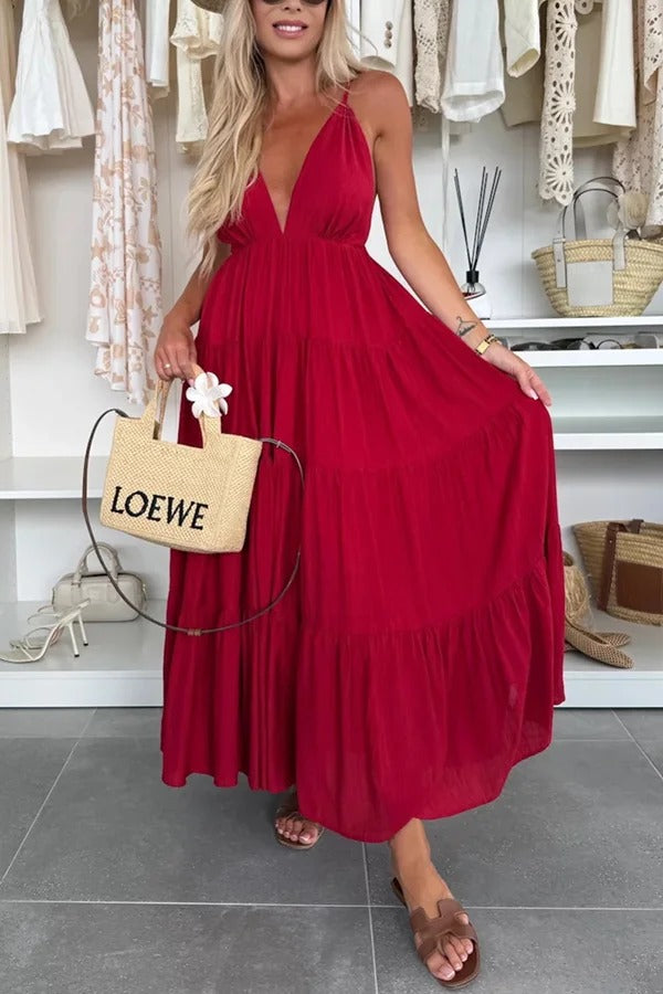 LB | Bohemian Style V-Neck Backless Slip Layered Holiday Maxi Dress