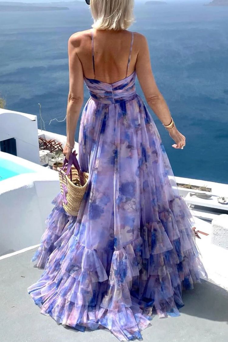 LB | Dreamy Clouds Tulle Printed Rose Detail Neckline Ruffle Striped Halter Maxi Dress