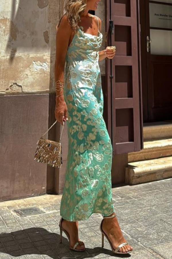 LB | Tie Dye Ombre Gold Floral Print Sexy Strappy Maxi Dress