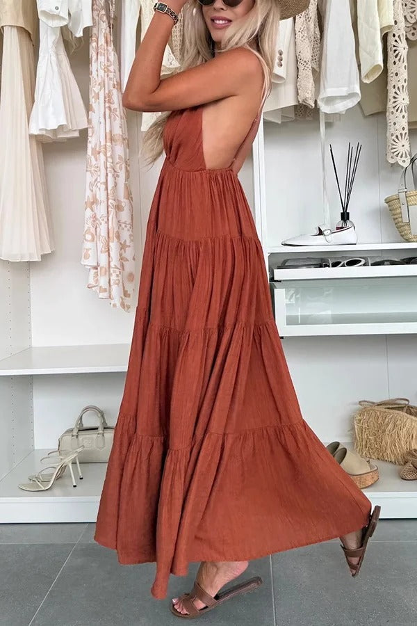 LB | Bohemian Style V-Neck Backless Slip Layered Holiday Maxi Dress