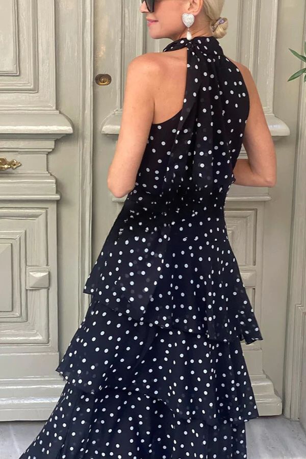 LB | Cabana Date Polka Dot Print Halter Bow Neck Tiered Maxi Dress
