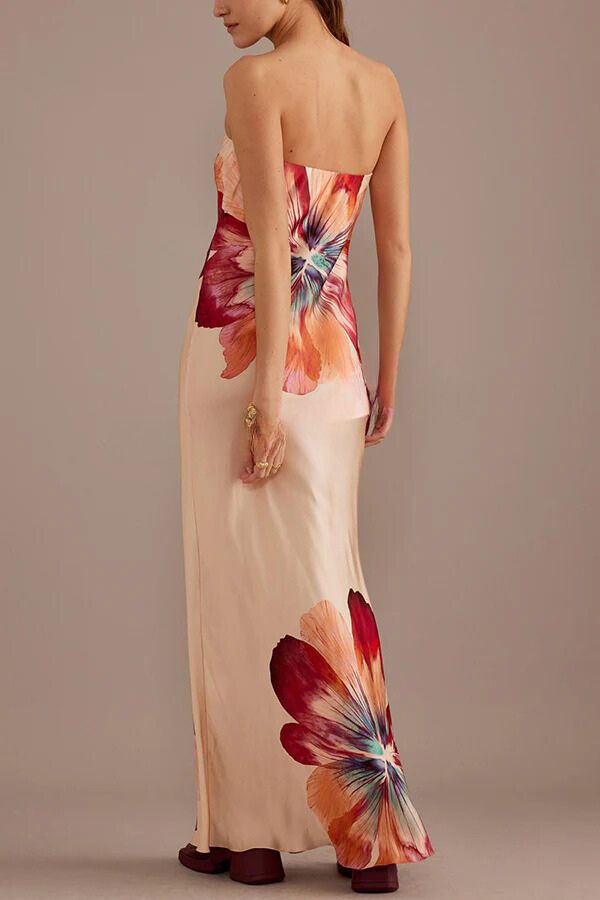 LB | Charming Lady Satin Floral Print Bandeau Luźna sukienka maxi
