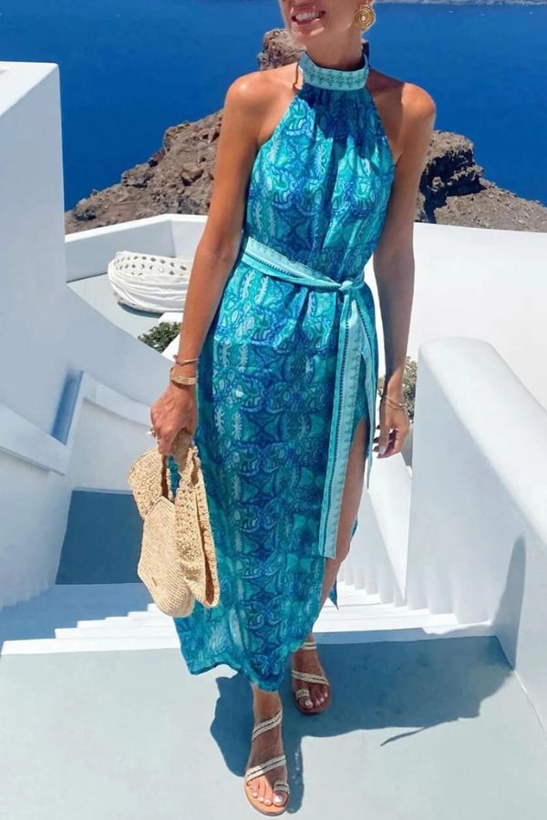 LB | Bohemian Unique Print Rozcięcie w pasie Sukienka Maxi z wysokim kołnierzem