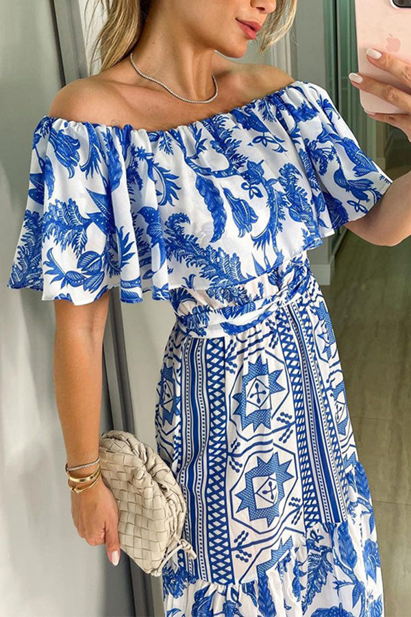 LB | Irene Bohemian Print Off The Shoulder Belted Ruffle Maxi Dress