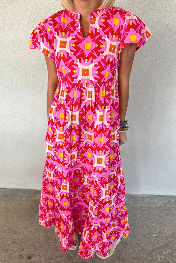 LB | Strawberry Pink Abstrakcyjny nadruk plisowana sukienka maxi z falbanami na rękawach