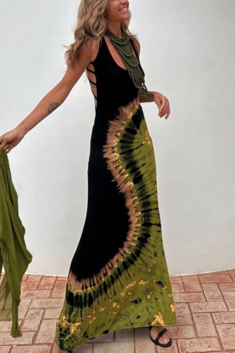 LB | Summer Adventures Tie-dye Print Back Lace-up Stretch Maxi Dress