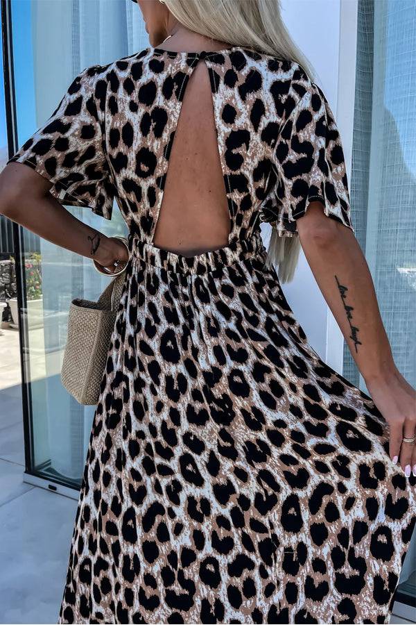 LB | Khaki Leopard V-Neck Cinched High Waist Open Back Maxi Dress