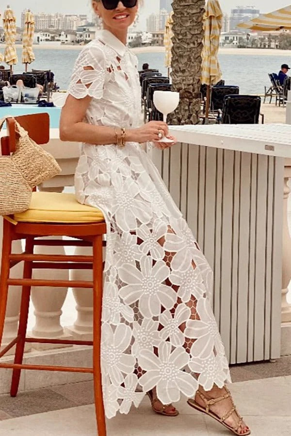 LB | Dubai Style Floral Crochet Lace Short Sleeve Tie-up Shirt Maxi Dress