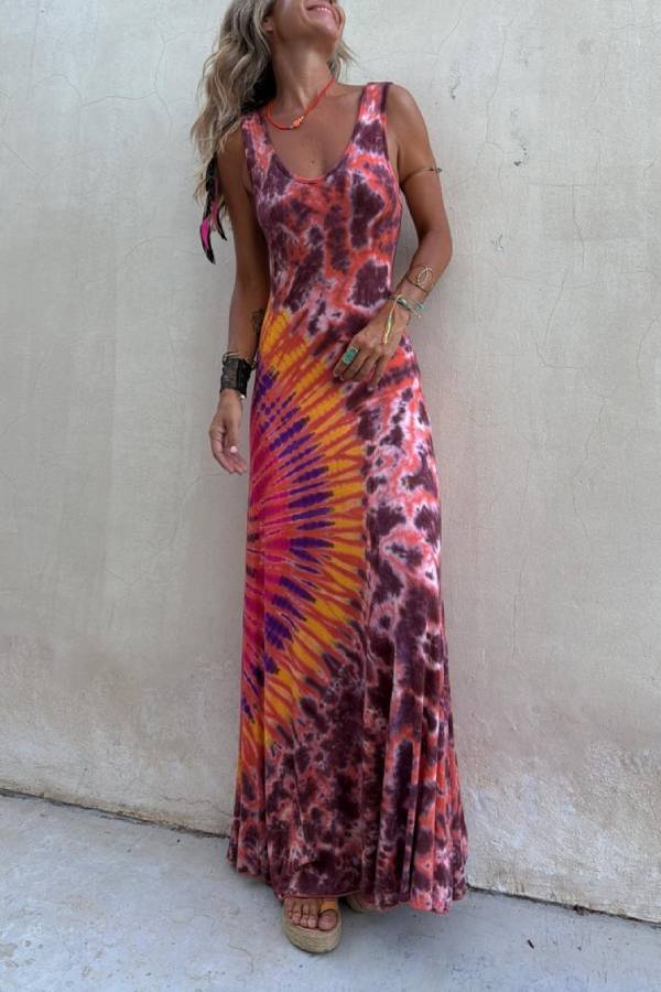 LB | Boho Happiness Wiązana sukienka maxi z koronkowym nadrukiem z tyłu (ze zintegrowanym biustonoszem)