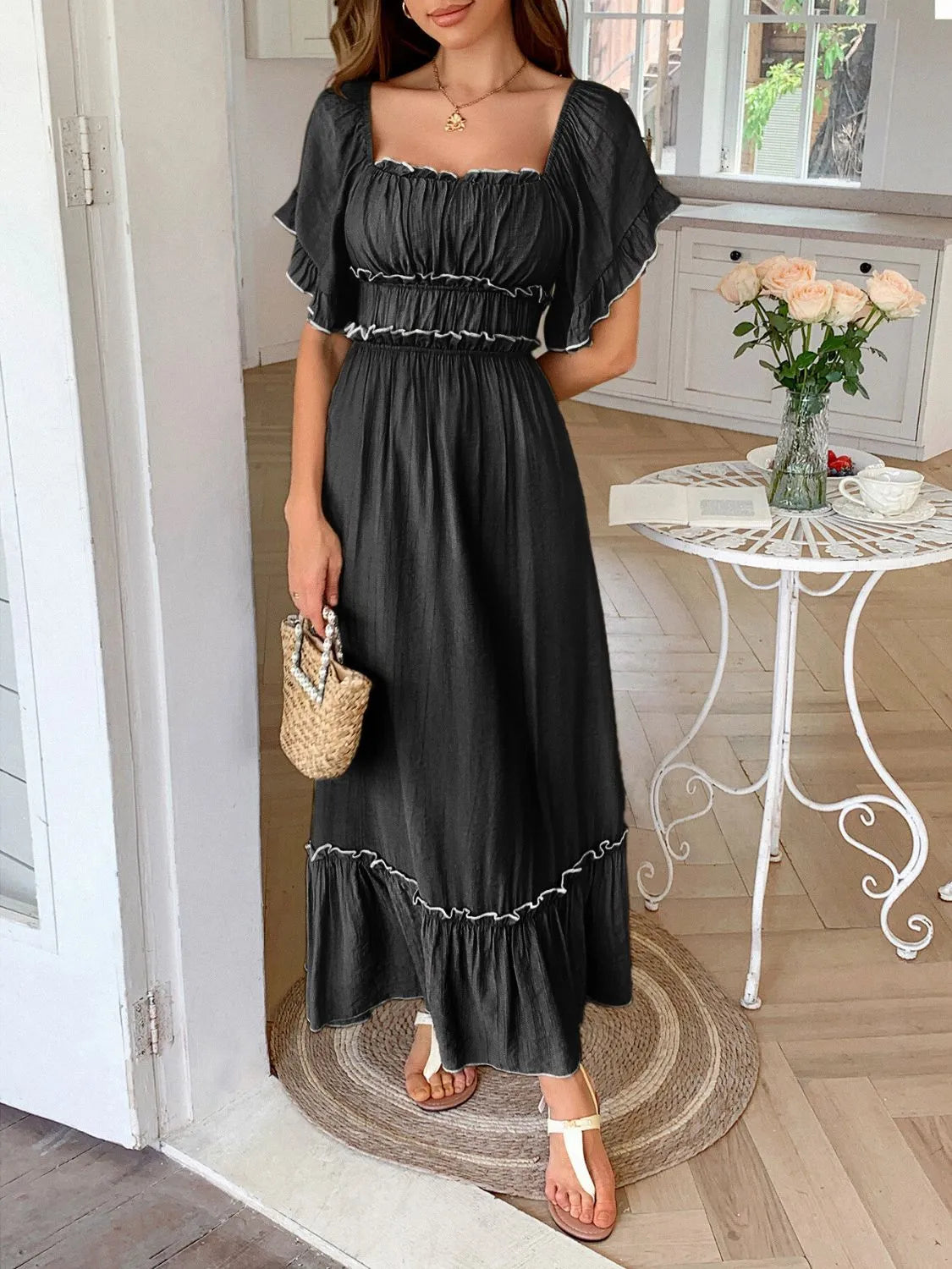 AS | Čtvercový výstřih Puff rukávy Frill trim Maxi šaty