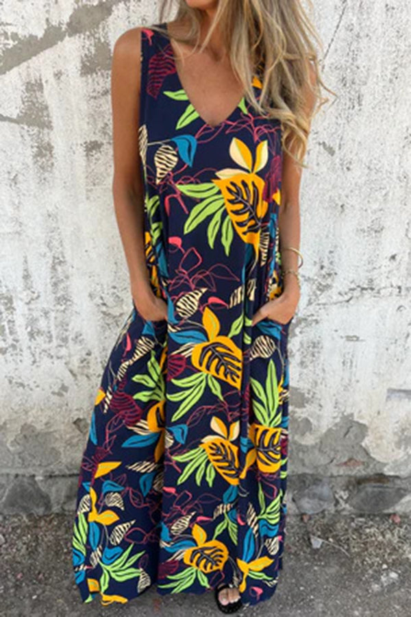 LB | Botaniczny nadruk V-neck torba luźna swobodna sukienka maxi
