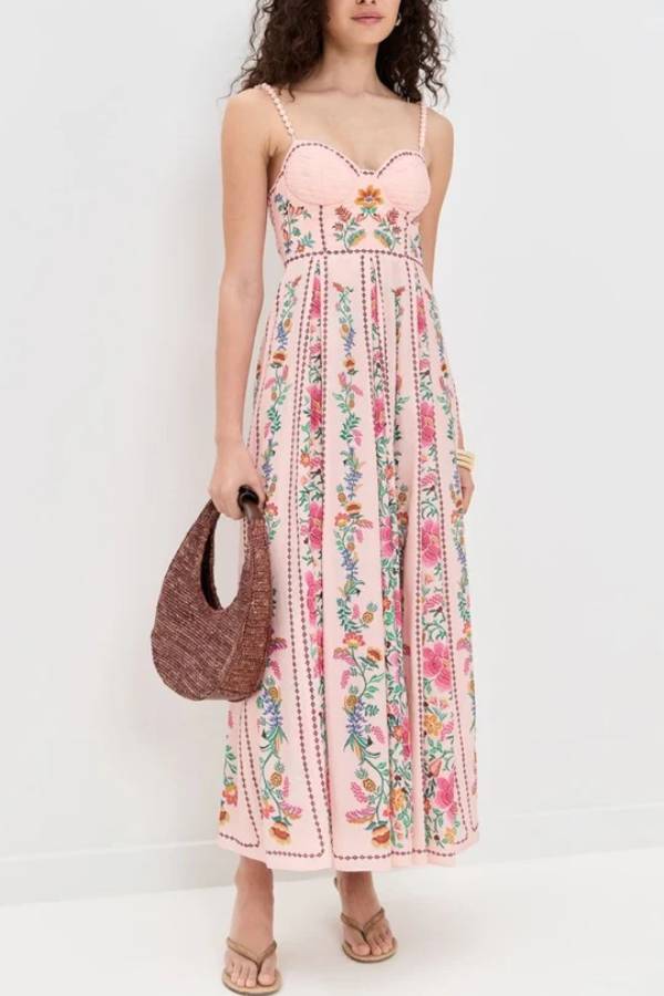 LB | Delicate Forest Unique Print Sweetheart Neck Beaded Straps Maxi Dress
