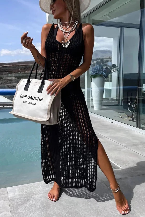 LB | Deserted Island Crochet Knit Cross Back Cover Up Maxi Dress