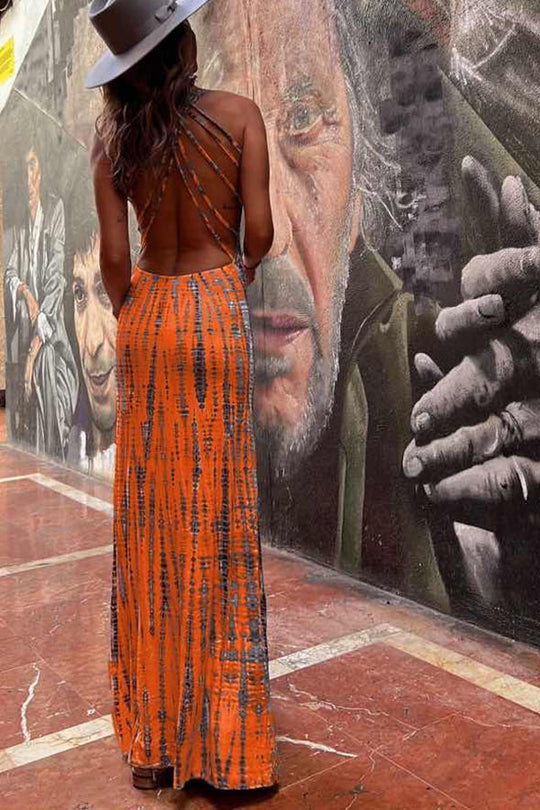 LB | Modern Day Tie-dye Print Back Lace-up Stretch Maxi Dress