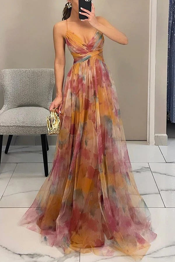 LB | Giselle Tulle Render Floral Print Cut Out Waist Back Lace Up Maxi Dress