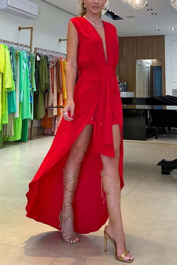 LB | Allure Tie-Front Plunge V-Neck High Low Maxi Dress