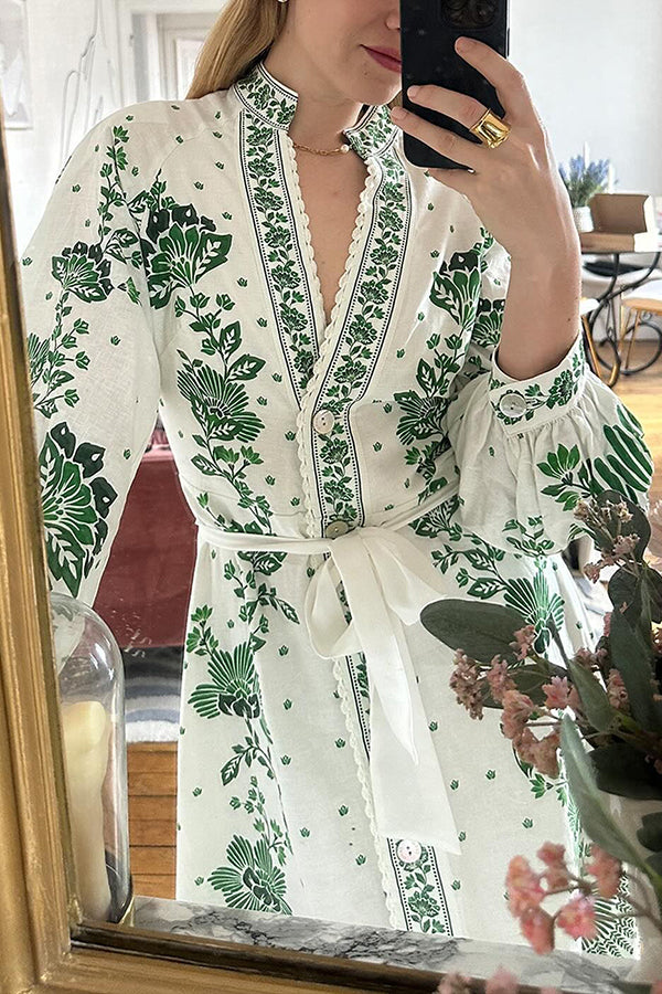 LB | Unique Print Button Down Long Sleeve Shirt Maxi Dress