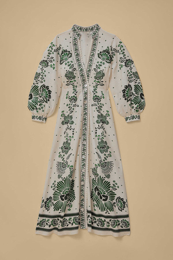 LB | Unique Print Button Down Long Sleeve Shirt Maxi Dress