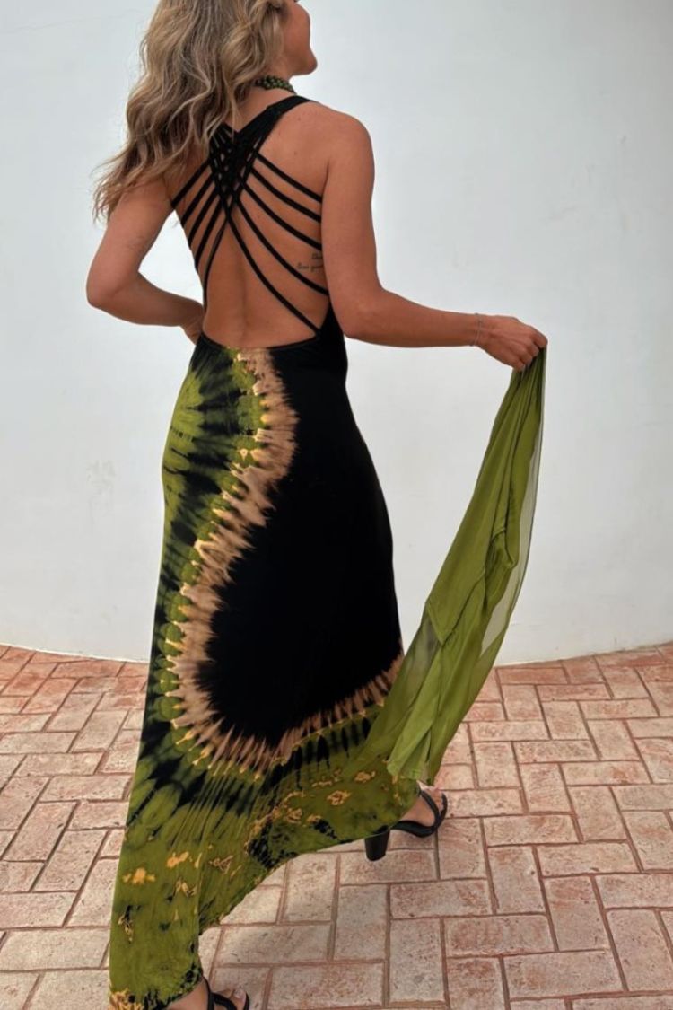 LB | Summer Adventures Tie-dye Print Back Lace-up Stretch Maxi Dress