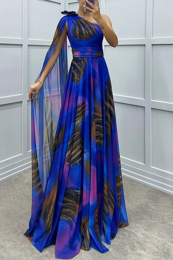 LB | Lucia Unique Print Floral Detail One Shoulder Draped Sleeve Dress Maxi Dress