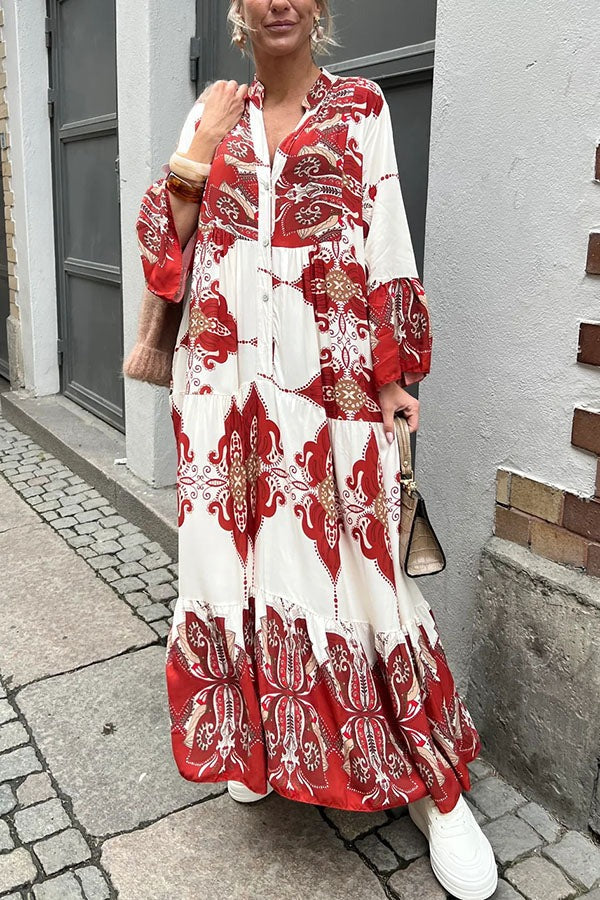 LB | Gracie Paisley Print Button Up Bell Sleeve A-line Maxi Dress