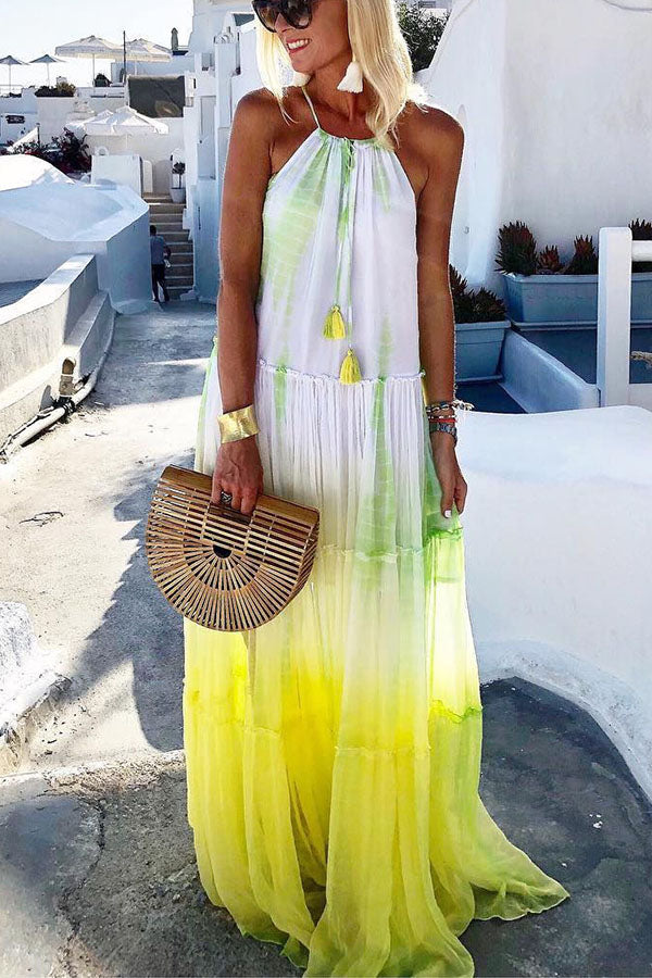 LB | Island Evenings Gradient Print Tassel Halter Maxi Dress