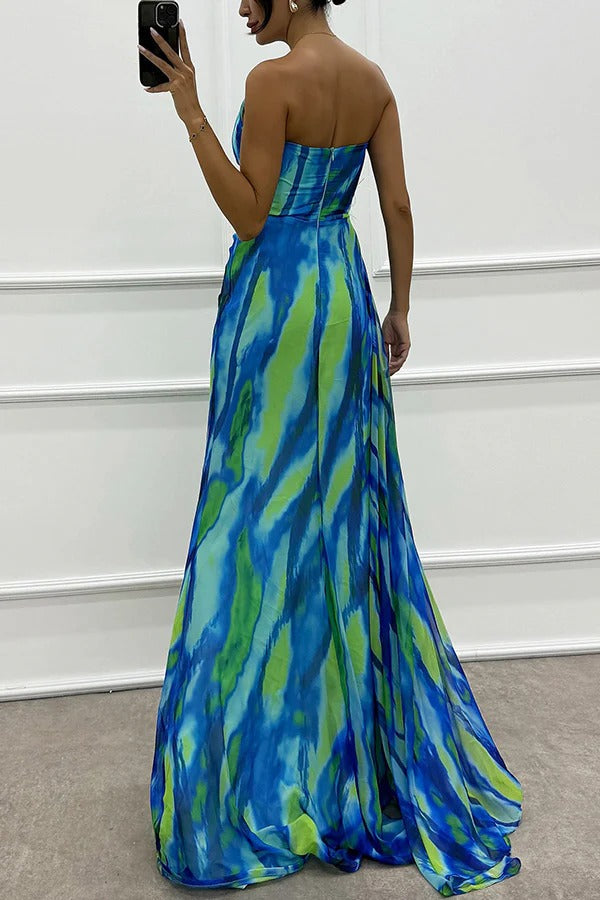 LB | Amazing Views Watercolour Print Feather Rose Detail Off Shoulder Pleated Slit Maxi Dress