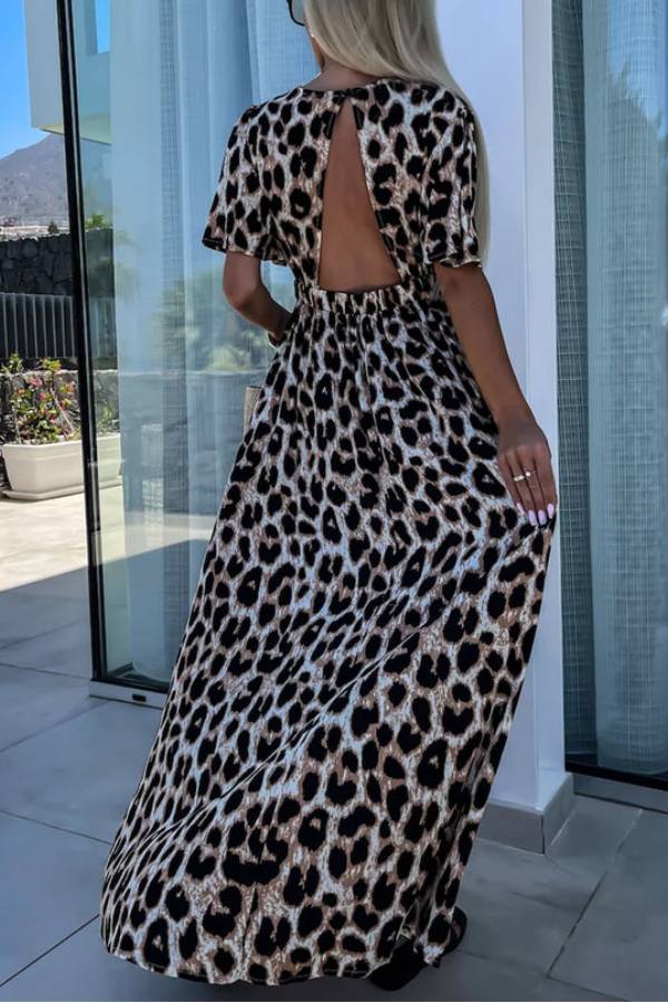 LB | Khaki Leopard V-Neck Cinched High Waist Open Back Maxi Dress