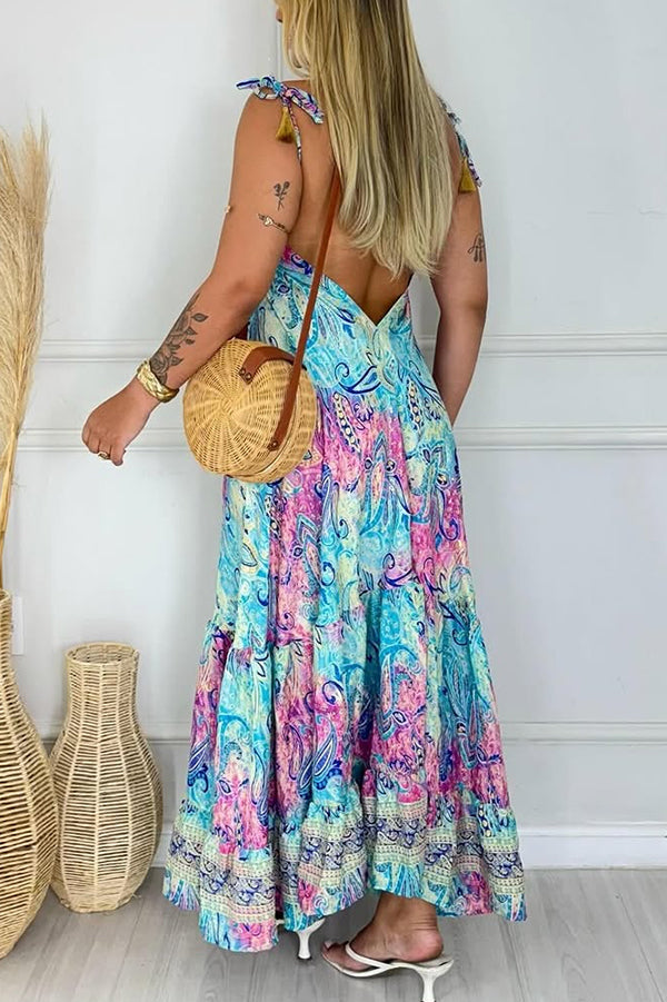 LB | Bohemian Style Unique Print V-Neck Suspender Holiday Maxi Dress