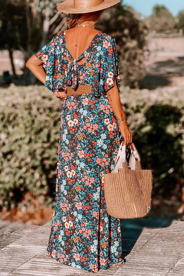 LB | Sky Blue Boho Floral Print Knotted Backless Maxi Dress