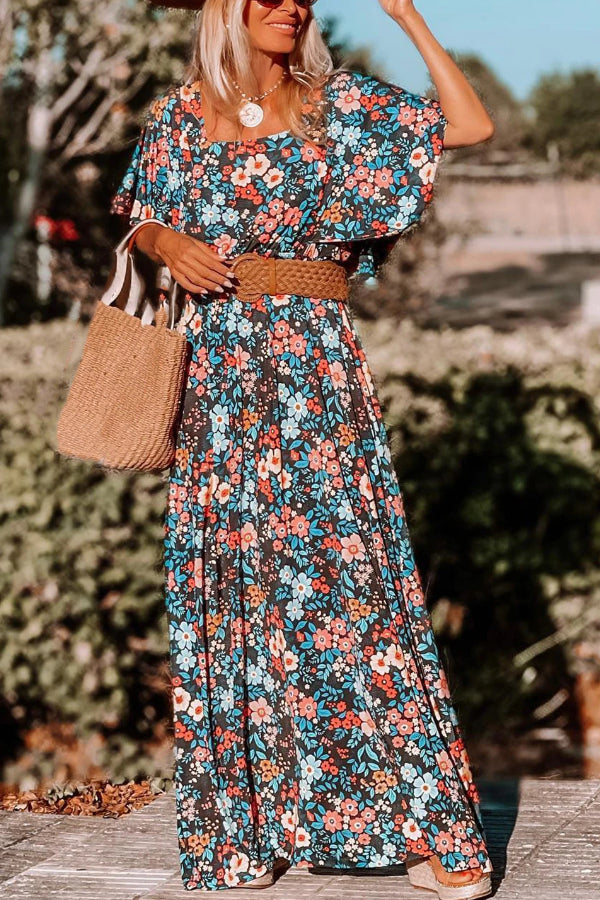 LB | Sky Blue Boho Floral Print Knotted Backless Maxi Dress