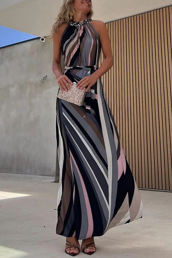 LB | Płynna elegancja Kolorowe linie Nadrukowany pasek Halter Maxi Dress