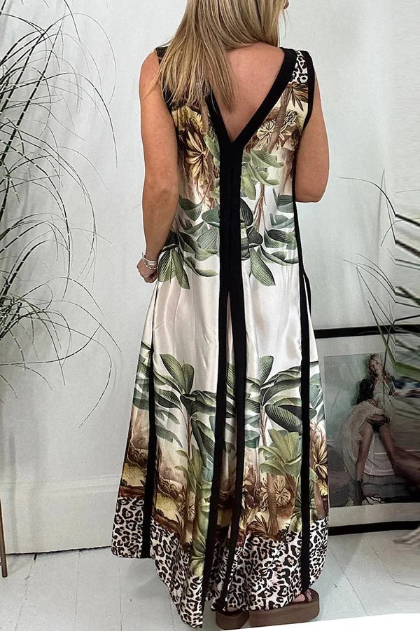 LB | Vanna Unique Tropical Print Black Patchwork Detail A-Line Maxi Dress