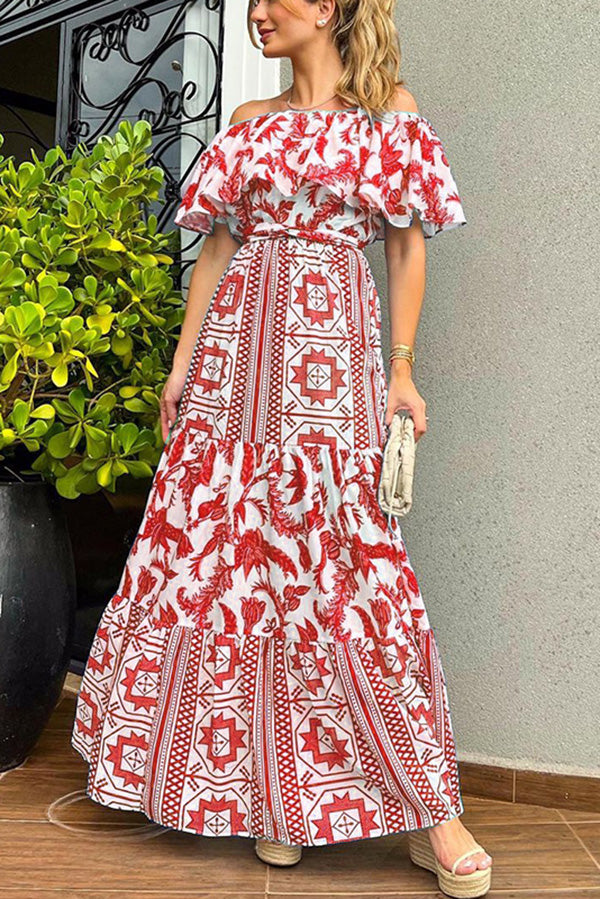 LB | Irene Bohemian Print Off The Shoulder Belted Ruffle Maxi Dress