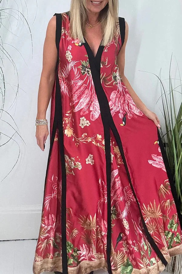 LB | Vanna Unique Tropical Print Black Patchwork Detail A-Line Maxi Dress