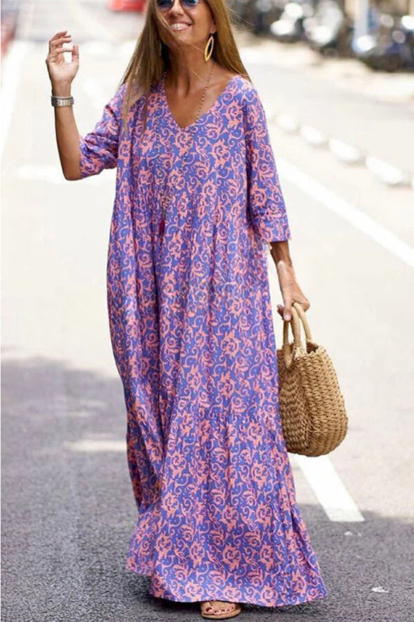 LB | Fashion Pattern Printed Half Sleeve Loose Swing Maxi Dresse