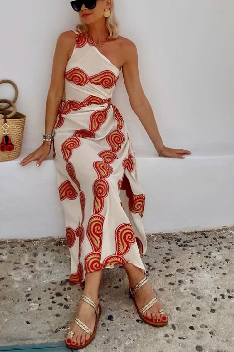 LB | Enjoy A Sunny Linen Blend Shell Print One Shoulder Neckline Waist Lace Up Slit Maxi Dress