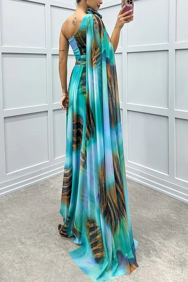 LB | Lucia Unique Print Floral Detail One Shoulder Draped Sleeve Dress Maxi Dress