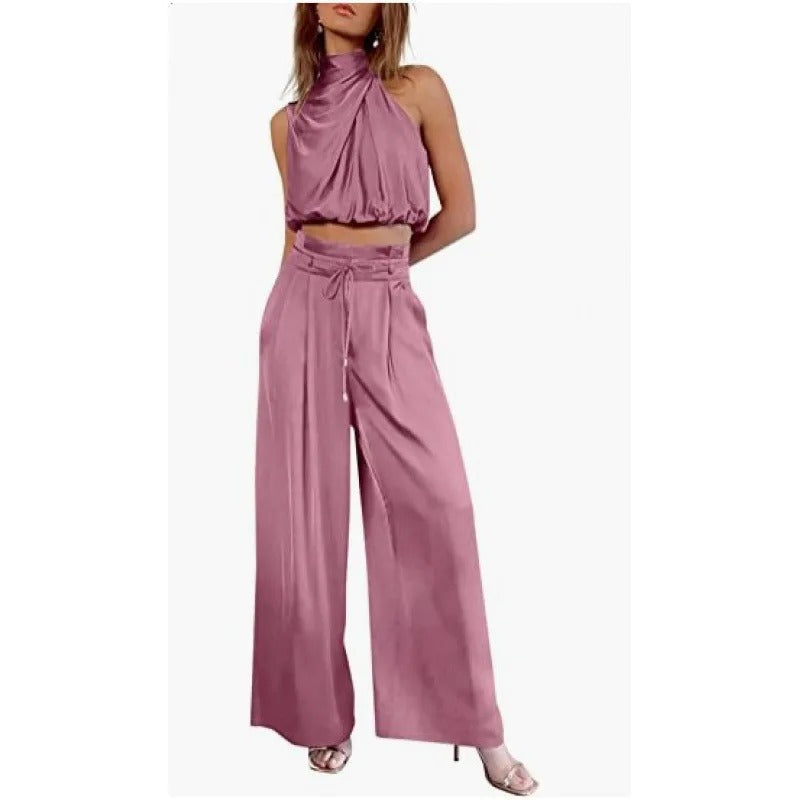 AS | Crop top z dekoltem typu halterneck i szerokimi nogawkami