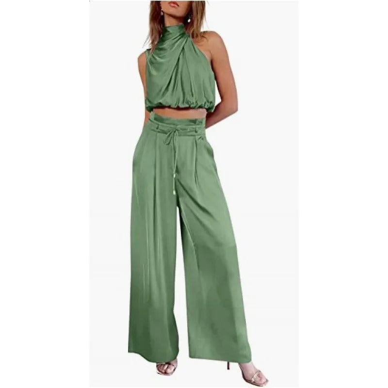AS | Crop top z dekoltem typu halterneck i szerokimi nogawkami