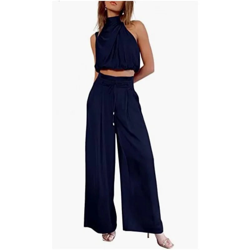 AS | Crop top z dekoltem typu halterneck i szerokimi nogawkami