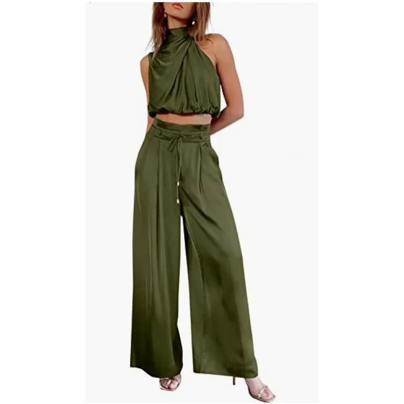 AS | Crop top z dekoltem typu halterneck i szerokimi nogawkami