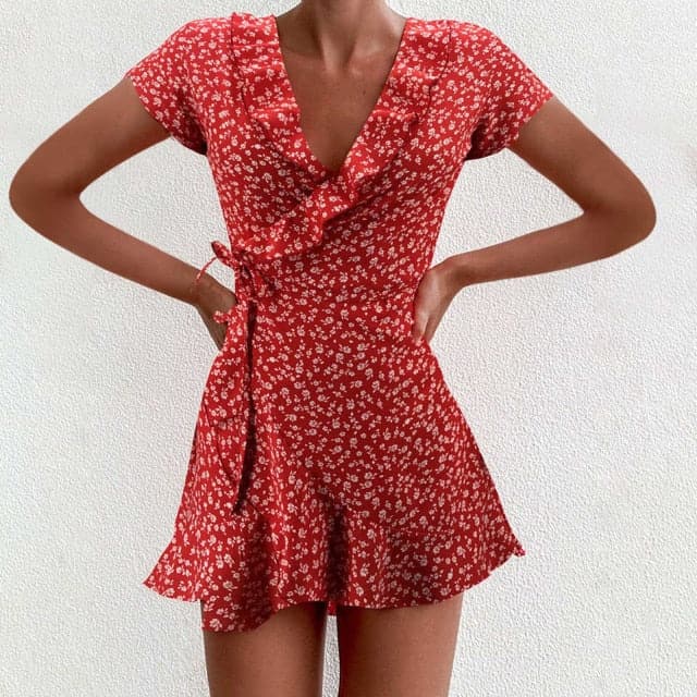 LB | Sukienka damska Boho Kwiatowa falbana Krótka mini sukienka