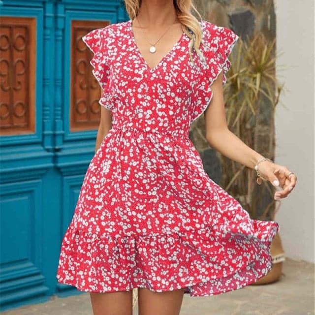 LB | Sukienka damska Boho Kwiatowa falbana Krótka mini sukienka