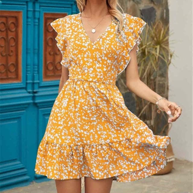 LB | Sukienka damska Boho Kwiatowa falbana Krótka mini sukienka