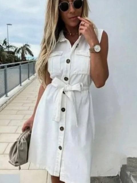 LB | kobiety vintage przedni guzik szarfa płaszcz sukienka imprezowa bez rękawów obrócić kołnierz casual mini sukienka letnia moda nowa sukienka