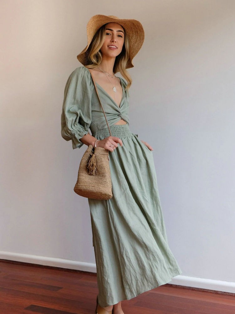 LB | Elegancka dwustronna sukienka maxi z bufiastym rękawem