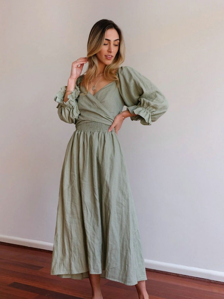 LB | Elegancka dwustronna sukienka maxi z bufiastym rękawem