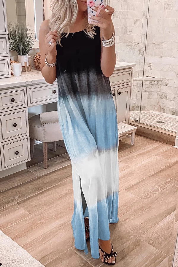 LB | Sky Blue Tie Dye Spaghetti Strap Slit Maxi Dress